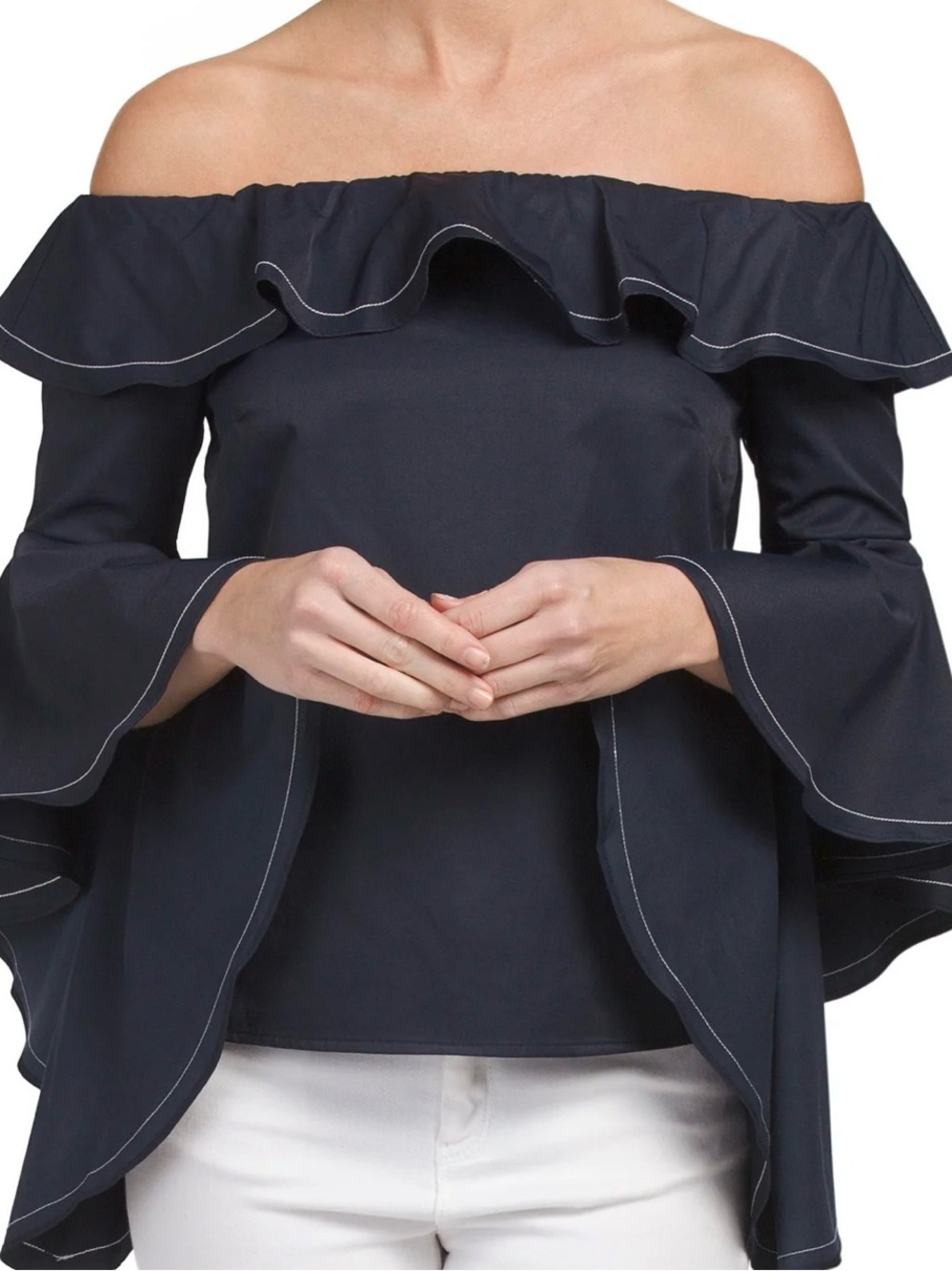 ALEXIE Navy Off-Shoulder Ruffle Bell Sleeve Cotton Blouse Size M Distress